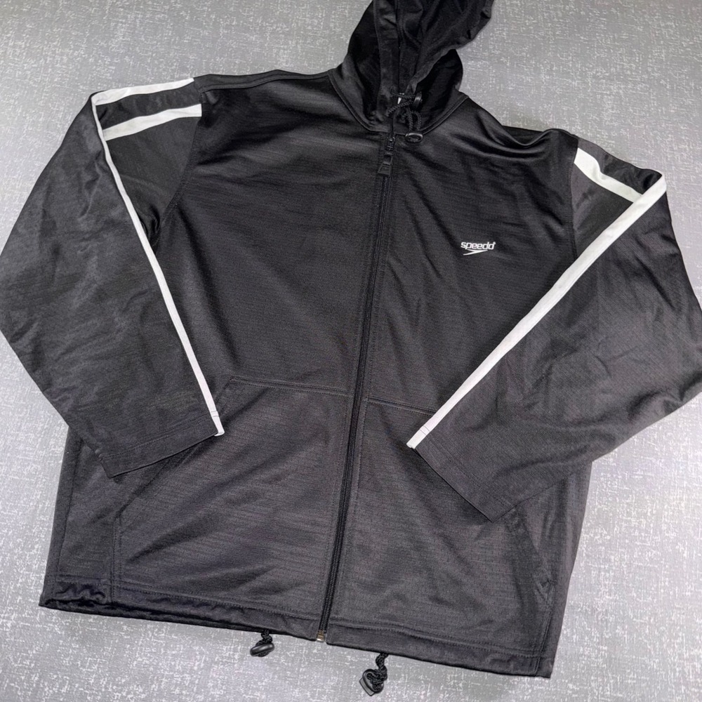 Speedo Mens Black Full Zip Hooded‎ Track Jacket White Sleeve Stripes Size Small